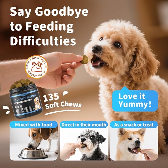 Dog Flea and Tick Support Chewable, Natural Dog Flea Comfort Supplement, Oral Chews with Neem, Oregano Oil, Pumpkin Seed Oil & Brewer's Yeast – 135 Soft Chews, Chicken Flavor – for All Breeds & Sizes-Mewly Pet