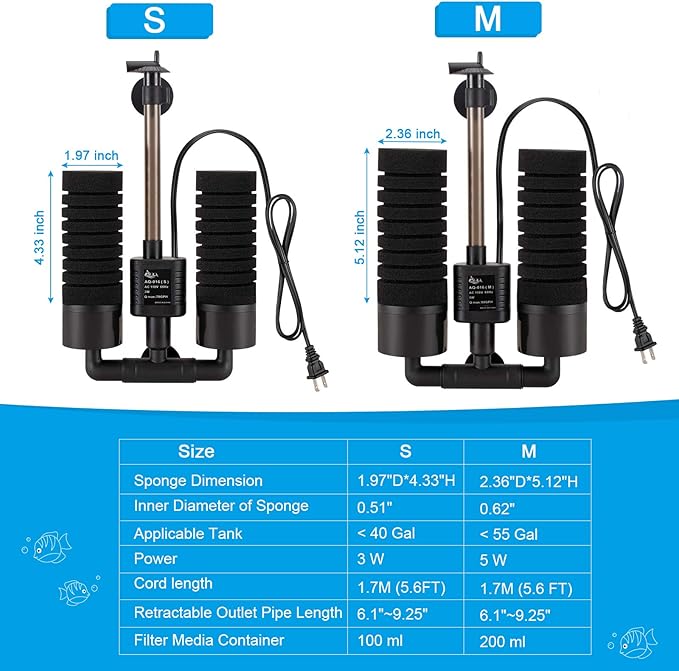 AQQA Aquarium Sponge Filter, Power Driven Double Biochemical Water Filter, Quiet Submersible Foam Filter with 2 Extra Sponges, 1 Bag of Filtered Ceramic Balls for Fresh and Salt Water Fish Tank (S)-Mewly Pet