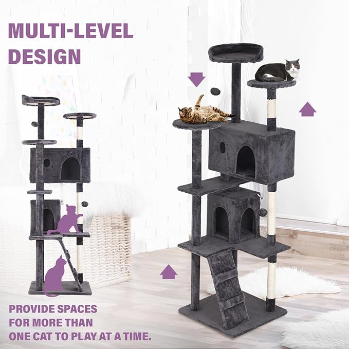 70 inches Cat Tower for Indoor Cats Multi-Level Cat Condos for XL Cat Tree Cat Climbing Tower with Scratching Posts, Hanging Toys,Light Gray-Mewly Pet