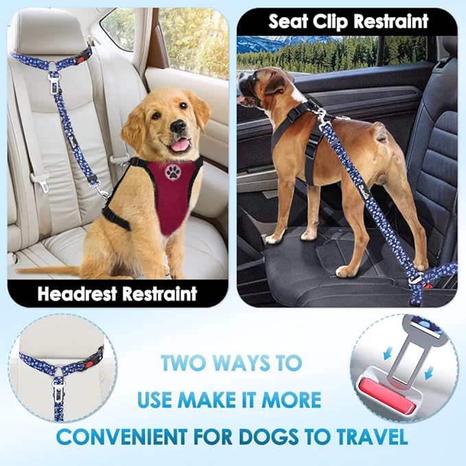 SlowTon Dog Seat Belt for Car, 2 Pack Dog Car Harness Seatbelt Adjustable with Elastic Bungee Buffer, 2 in 1 Pet Car Leash Headrest Restraint Dog Reflective Safety Tether (Blue Paw, Headrest+Clip)-Mewly Pet