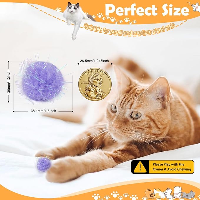 DF DUALFERV 60 Pcs Cat Pom Pom Balls, Interactive Cat Toys, Sparkle Balls for Cats, Extra Large and Fuzzy for Exercise and Entertainment, Multicolor, 1.5 Inch-Mewly Pet
