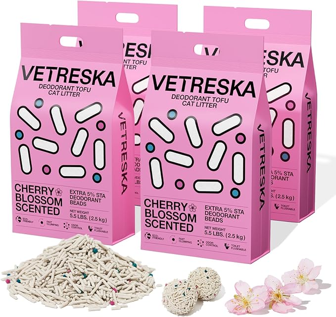 VETRESKA Cherry Blossom Tofu Cat Litter,Natural Pretty Kitty Litter Strong Clumping Flushable Cat Litter Pellets Ultra Absorbent,Dust-Free,Low Tracking,Deodorant Tofu Litter Compostable(5.5lb×4bags)-Mewly Pet