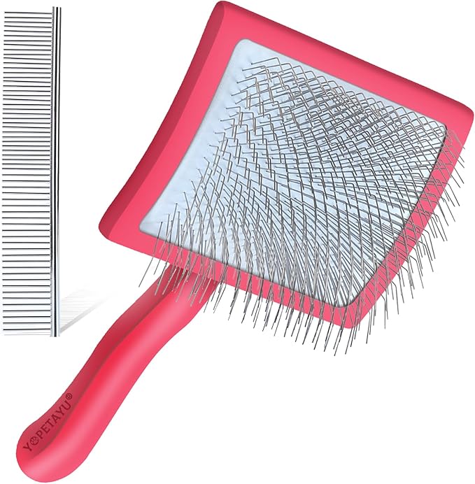Dog Slicker Brush for Shedding and Grooming Medium or Long Haired Cats, Extra Long & Soft Pin Slicker Brush for Removes Loose Hair, Tangles, Knots, Undercoat, Free Pet Comb, Large Red-Mewly Pet