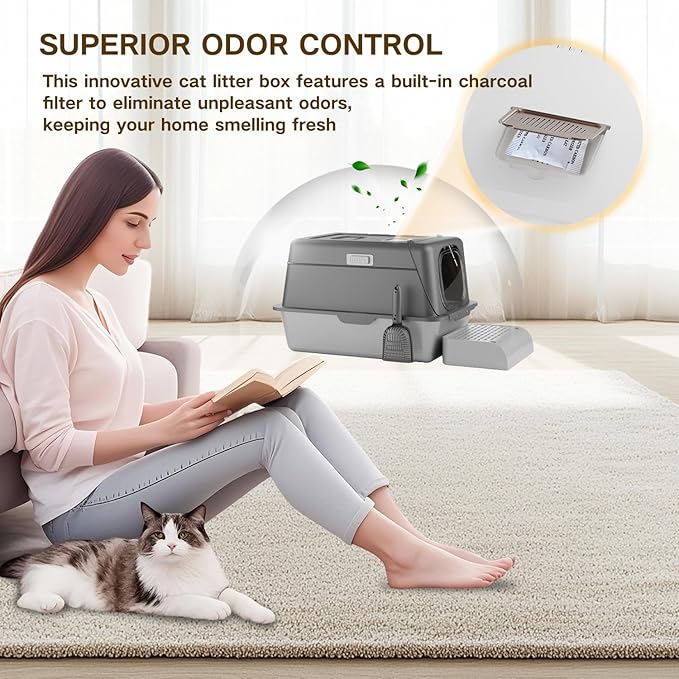 Stainless Steel Cat Litter Box with Lid, XX-Large Extra Large Litter Box for Big Cats, Enclosed Removable Metal Cat Box with High Sided Enclosure,Magnetic Door,40L Box, Litter Trap Step/Mat-Mewly Pet