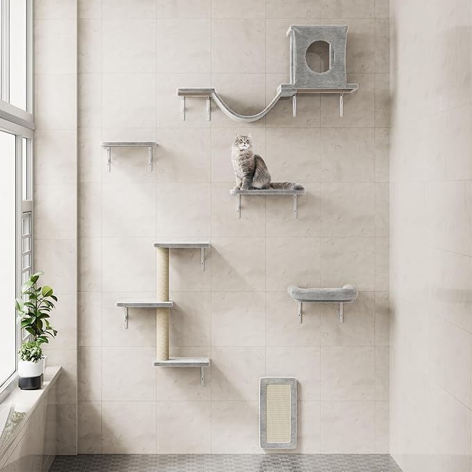 NUNU LAB Wall Mounted Cat Furniture, 6 Pcs Cat Wall Shelves with Condo House, Bridge, Steps, Scratcher, Hammock, Indoor Safe & Stable Furniture for Kittens Play, Gray-Mewly Pet