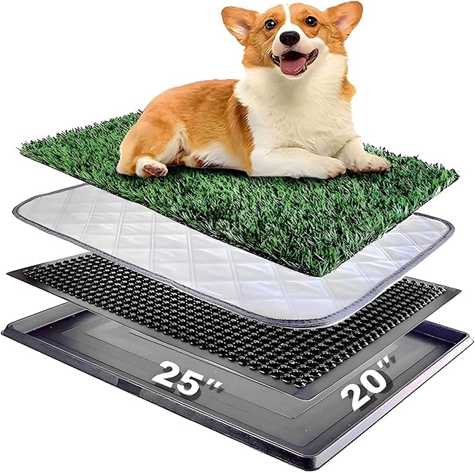 Dog Grass Pad with Tray 25"X20" - Portable Dog Litter Box for Balcony/Patio, Indoor/Outdoor Artificial Turf Pet Potty for Puppy Training, with Washable Pee Pad and Fake Grass Mat-Mewly Pet