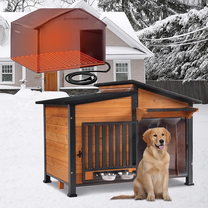 Chew-Resistant Dog House with Metal Frame, Wooden Kennel for Indoor & Outdoor Use, Waterproof Roof & Feeding Bowls Included (Wood, L-in)-Mewly Pet