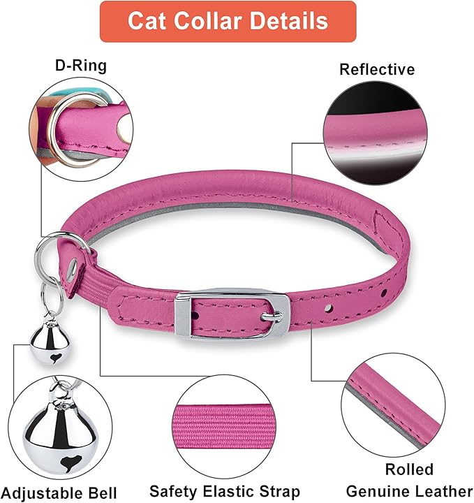 OOPSDOGGY Rolled Leather Cat Collar with Bell, Reflective Kitten Collars with Buckle Include Safety Elastic Strap - Adjustable Small Pet Collars for Boy Girl Cats (Fucsia)-Mewly Pet