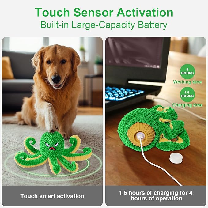 Interactive Dog Toys Octopus,Durable Automatic Jumping Dog Toy to Keep Them Busy,Squeaky Moving Tug of War Doggie Toy,USB Rechargeable Puppy Toys (Green)-Mewly Pet