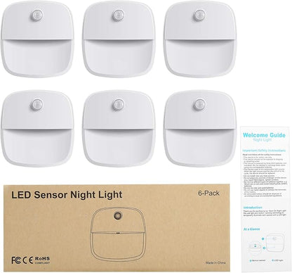AMIR Upgraded Indoor Motion Sensor Light with PIR Technology - Battery-Powered Wall & Cabinet LED Night Light for Hallway, Bathroom, Kitchen, Stairs (Warm White, 6-Pack)