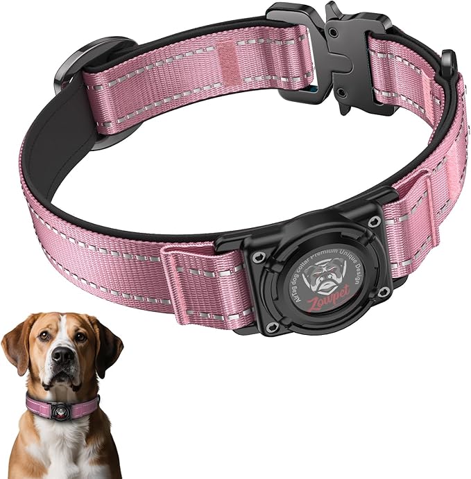 2025 Upgrade Airtag Dog Collar, Reflective Dog Collar with Airtag Holder, IP68 Waterproof| Metal Buckle| Ultra-Durable| Comfortable Padded, GPS Dog Collars for Medium Large Dogs (Pink,L)-Mewly Pet
