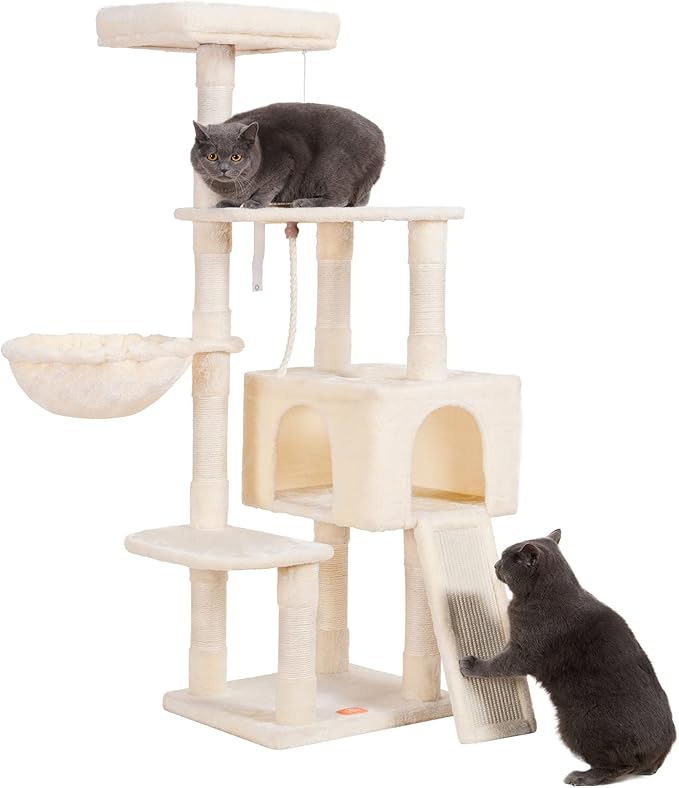 Heybly Cat Tree, Cat Tower for Indoor Cats with Scratching Board, Multi-Level Cat Furniture Condo with Feeding Bowl, Beige HCT010MM-Mewly Pet