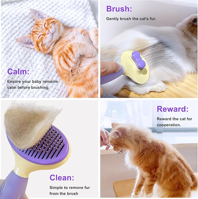 Cat Brush for Grooming and Shedding, Self-Cleaning Silicone Brush for Short and Long Haired Cats, Cat Gifts for Pet Lovers (purple)-Mewly Pet