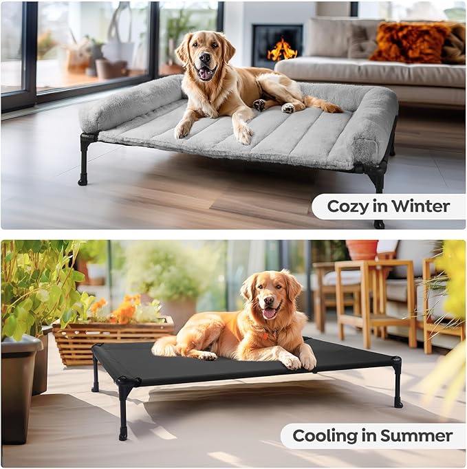 Veehoo Cooling Elevated Dog Bed with Fluffy Plush Bolster Cushion, Indoor Raised Dog Beds for Large Dogs, Soft Pet Sofa Cot with Removable Washable Mat, No-Slip Feet, 42 x 30 inches, Grey-Mewly Pet