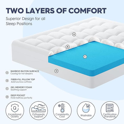 ELEMUSE Twin XL Dual Layer 3 Inch Memory Foam Mattress Topper for College Dorm Room Essentials, 2 Inch Cooling Gel Memory Foam and 1 Inch Washale Soft Pillow Top Extra Long Twin Mattress Pad Cover