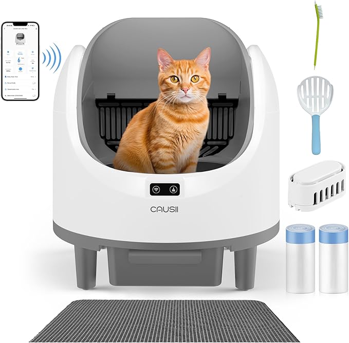Automatic Litter Box, [Safe Anti-Pinch] CAUSII Large Capacity Self-Cleaning Cat Litter Box for Multiple Cats, App Control, Quiet & Odor-Free,for 3.5-24.2LB, with 30PCS Garbage Bags,Litter Mat-Mewly Pet