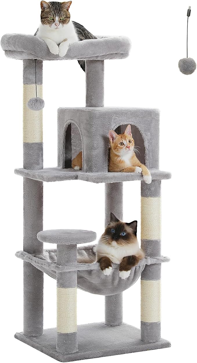 Cat Tree for Indoor Cats, 45.7" Multi-Level Cat Tower with Large Metal Frame Hammock, Cat Condo with 4 Scratching Posts and Top Perch for Small Medium Kitty, Grey-Mewly Pet