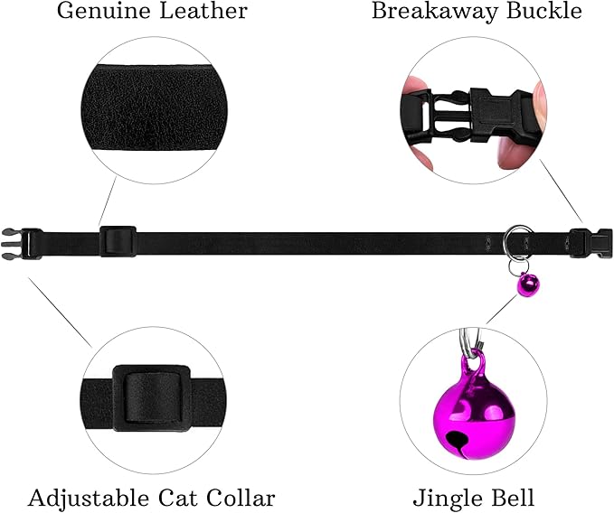 Breakaway Cat Collar Leather with Removable Bell - 13 Colors Available - Soft Adjustable Girl Boy Safety Lightweight Pet Kitten Collars Pink Brown Blue Green Red Orange Black (Black)-Mewly Pet