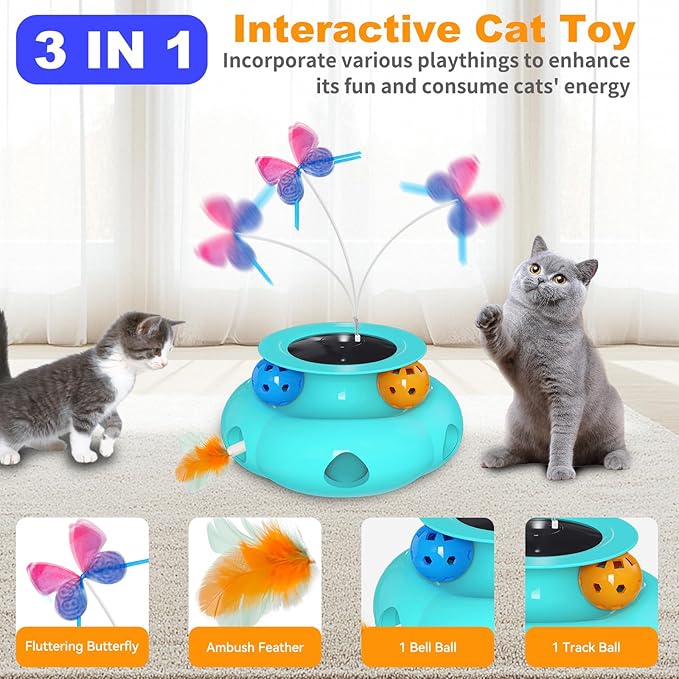 Interactive Cat Toys for Indoor Cats, 3in1 Pet Teaser Toy with Ambush Feather Wand, Fluttering Butterfly and Track Balls, Touch Activated Automatic Kitten Rechargeable Toys-Mewly Pet