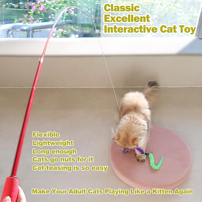 Interactive Cat Toys - Retractable Wand Toy and Feather Toys Refills for Indoor Cats to Chase and Exercise-Mewly Pet