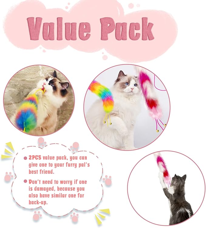 2 Pack Cat Wand Toy, Rainbow Cat Feather Toys with Bells, Teaser Wand with Soft Furry Tail, Interactive Toys for Indoor Cats & Kitten & Kitty-Mewly Pet