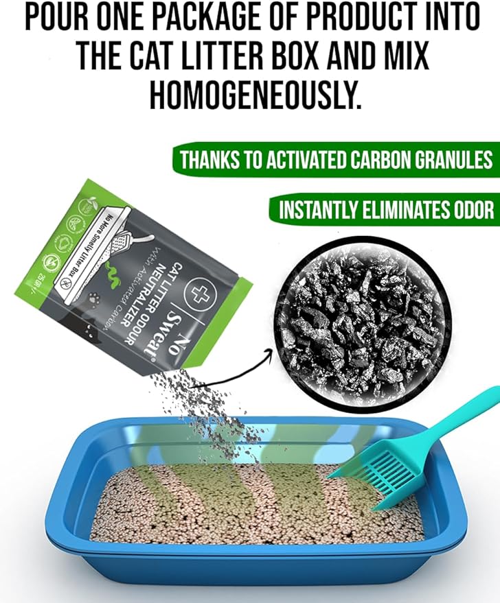 No Sweat Activated Carbon Cat Litter Odour Neutralizer- Made Of Coconut Shell -All Natural - None Chemical,Toxic Ingredients- Non-Scented-Planet Friendly-Disposable 10 Packs in One Box 250 GR-Mewly Pet