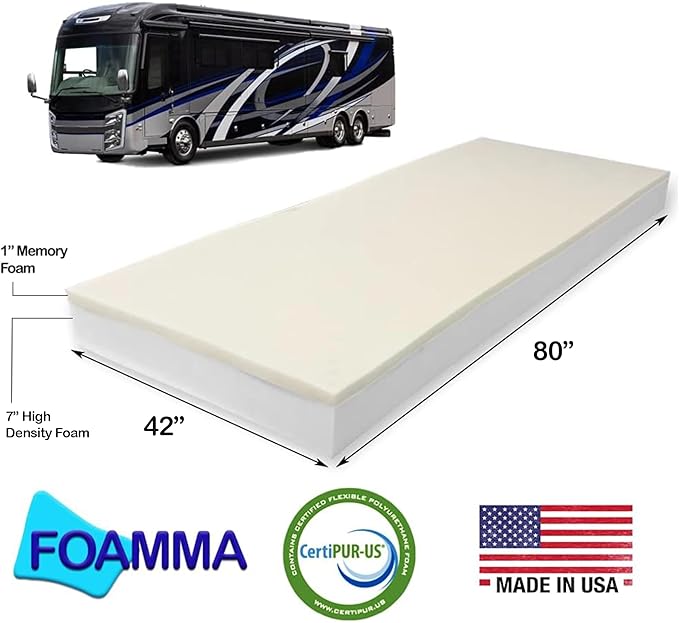 Foamma 8" x 42" x 80" Memory Foam RV Bunk Mattress Replacement, Medium Firm, Pressure Relieving, Premium Comfort, USA Made, No Cover
