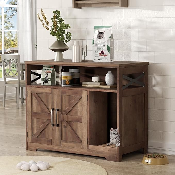 Cat Litter Box Enclosure, Hidden Litter Box Furniture with Scratch Pad, Farmhouse Indoor Cat House Washroom End Table, Retro Brown-Mewly Pet