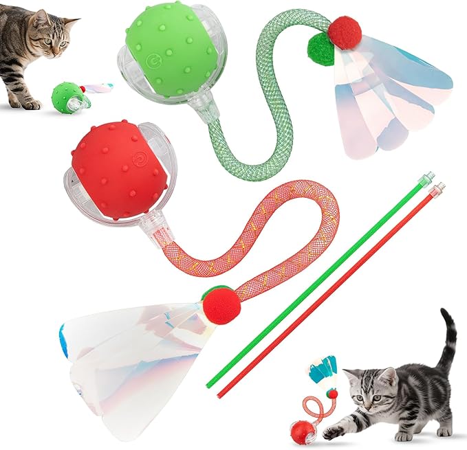 Red & Green Interactive Cat Toy Ball Combo – Automatic Agile Moving Cats Toys with 4 Tail Accessories, Bird Chirping & Motion Activated, Kitten Balls for Multi-Cat Households-Mewly Pet