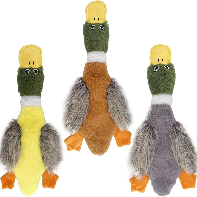 No Stuffing Toys 3 Pack, Squeaky Dog Toys for Large Dogs, Plush Toys for Aggressive Chewers, Indestructible Crinkle Paper Duck Dog Toy, Puppy Chew Toys for Teething (Soft Plush)-Mewly Pet