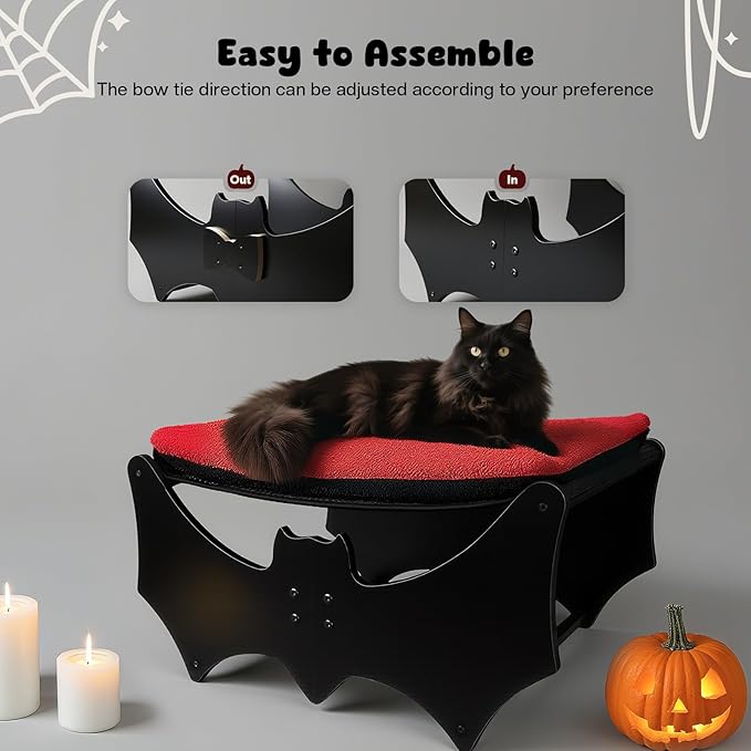 Halloween Gothic Cat Bed with Bat Design, Wooden Elevated Cat Beds with Sisal Scratching Mat, Cats Scratcher Bed with Removable Fluffy Cushion, Raised Pet Bed for Large Cats, 22" L x 17.7" W, Black-Mewly Pet