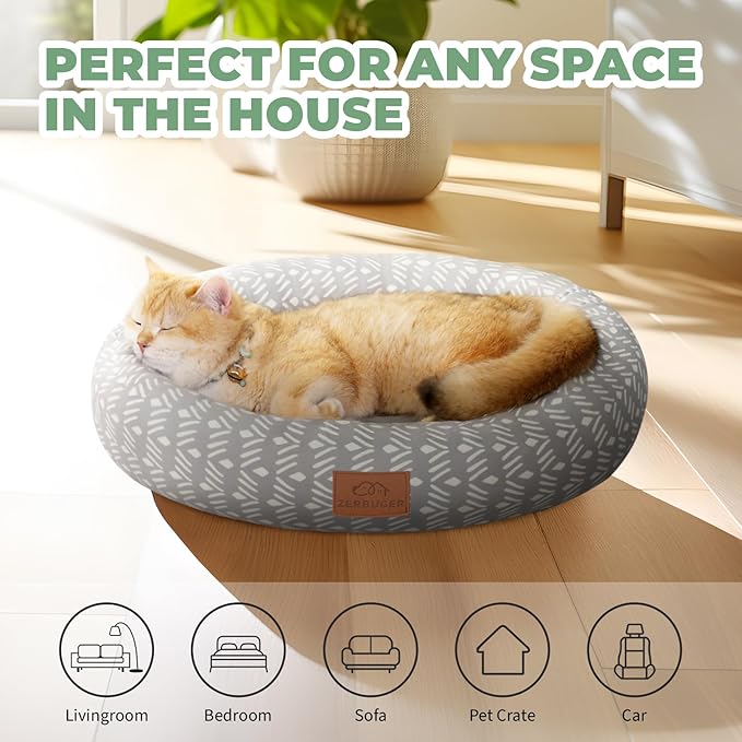 Cat Bed, 20In Dog Beds for Small Dogs, Calming Cat & Dog Beds for Indoor Pets, Pet Beds Comfortable Donut Round Ultra Soft (Grey Pattern, 20.0" L x 20.0" W x 6.5" Th)-Mewly Pet