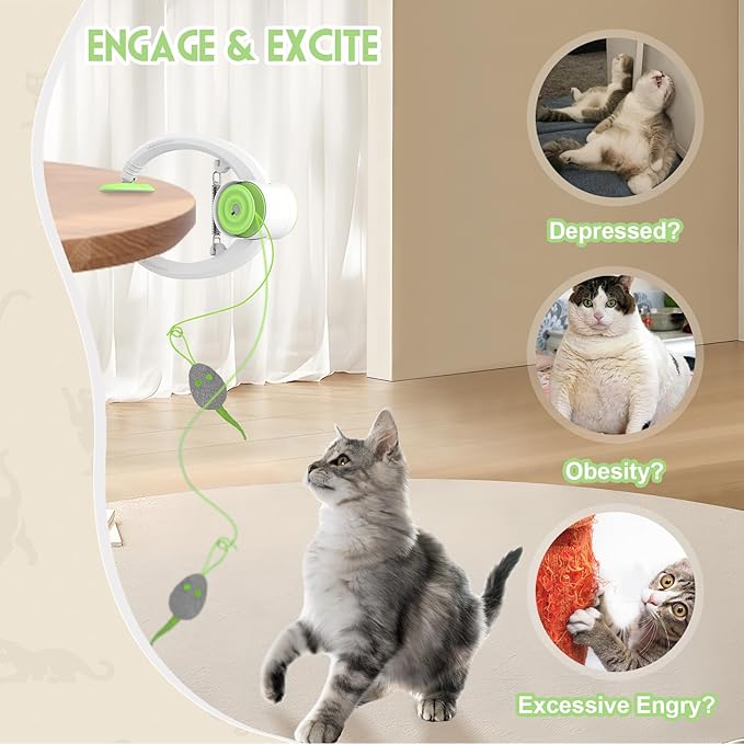 Cat Toy Interactive for Indoor Cats, Smart USB Rechargeable Door Hanging Automatic Retractable Kitten Toys, Teaser Electronic Self Play Feather Cat String Toy Attached with 3 Catnip Mice Green-Mewly Pet