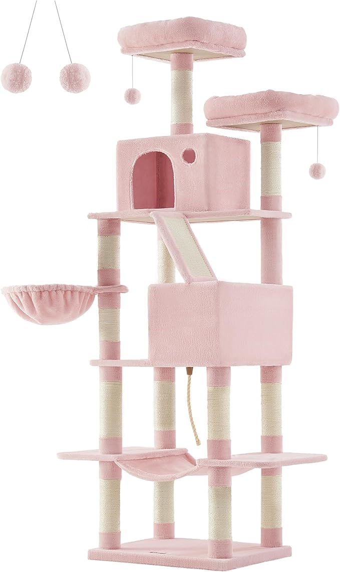 Feandrea Cat Tree, 81.1-Inch Large Cat Tower with 13 Scratching Posts, 2 Perches, 2 Caves, Basket, Hammock, Pompoms, Multi-Level Plush Cat Condo for Indoor Cats, Jelly Pink UPCT190P01-Mewly Pet