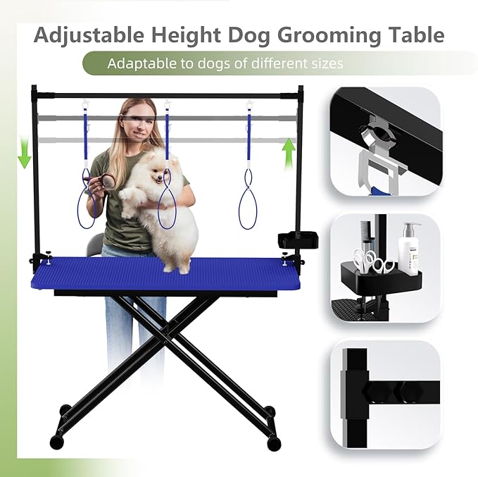 VFK 47'' Large Dog Grooming Table X-Lift Foldable Grooming Table for Dogs at Home Adjustable Height Arms Pet Station with Nooses, Mesh Tray, Tool Organizer-Mewly Pet