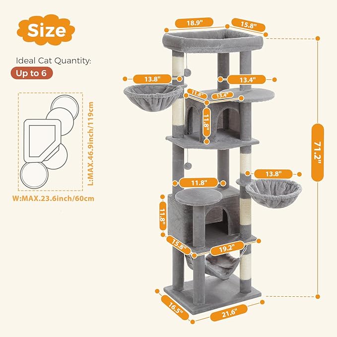 71.2" Tall Cat Tree for Indoor Cats - 9-Level Multi-Cat Tower w/5 Sisal Scratching Posts, 2 Condos, 3 Hammocks, Perch & Pom Poms - Heavy-Duty for Adult Cats, Space-Saving Plush Gray-Mewly Pet
