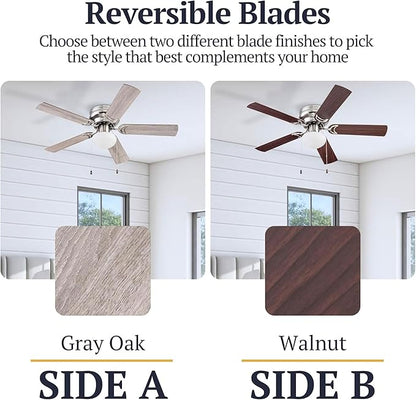 Prominence Home Alvina Traditional 44 Inch Ceiling Fan with Light, LED Flush Mount Ceiling Fan, Indoor Fan with 5 Blades, Gray Oak and Brown Walnut Blade Finish Options, Satin Nickel (51585-01)