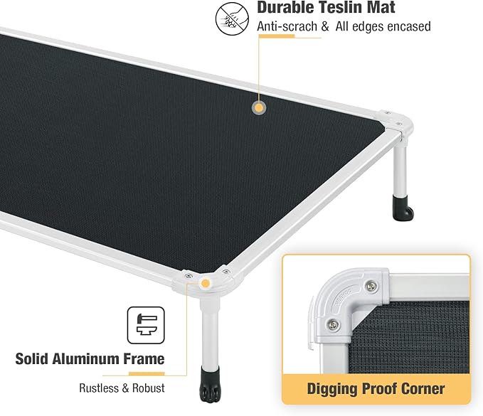 Veehoo Chew Proof Elevated Dog Bed - Cooling Raised Pet Cot - Silver Aluminum Frame and Durable Textilene Mesh Fabric, Unique Designed No-Slip Feet for Indoor or Outdoor Use, Black, Medium, CWC2003-Mewly Pet