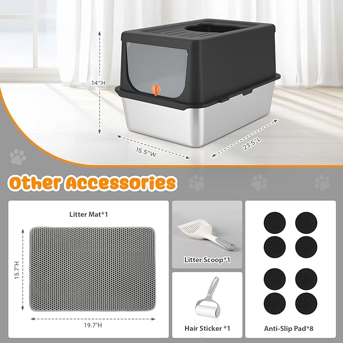 Litter Box with Lid, Stainless Steel Litter Box XL, 14" H Metal Cat Box with High Sides Wall Enclosure, Cat Pan, Non-Sticky, Easy Clean, Anti-Leakage, Black-Mewly Pet