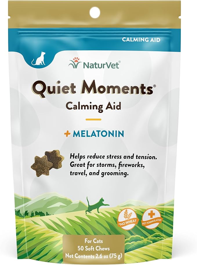 NaturVet Quiet Moments Calming Aid Cat Supplement Plus Melatonin – Helps Reduce Stress in Cats – for Pet Storm Anxiety, Motion Sickness, Grooming, Separation, Travel – 50 Ct. Soft Chews-Mewly Pet