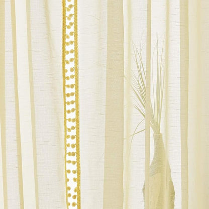 Treatmentex Sheer Curtains for Bedroom Children's Room Yellow 108 inches Long Linen Textured Window Drapes with Cute Pom Pom Tassle 2 Panels 52" w Rod Pocket Header