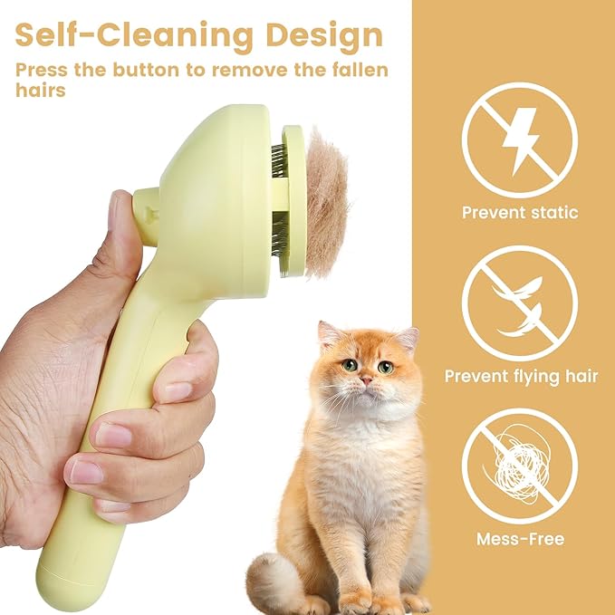 3 in 1 Cat Steam Brush, Pet Spray Hair Removal Comb for Shedding & Grooming, Water Brush for Cats Dogs Small Animals Long Short Haired with One-Click Release Button(Yellow)-Mewly Pet