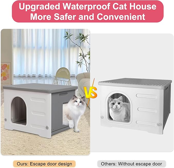 Rockever Plastic Cat House Outdoor with Escape Door, Waterproof Feral Cat House Outdoor Indoor, Sturdy Cat House for Outdoor Cats, Assemble Easily-Grey-Mewly Pet