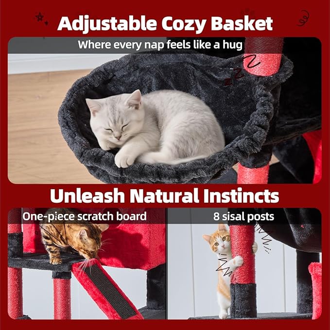 Taoqimiao Gothic Cat Tree 71-Inch, Cat Tower for Indoor Cats Large Adult, Multi-Level Large Cat Condo, 8 Sisal Scratching Posts, Metal Frame Cozy Hammock, Scratch Board, 2 Top Perches, MS026LBR-Mewly Pet