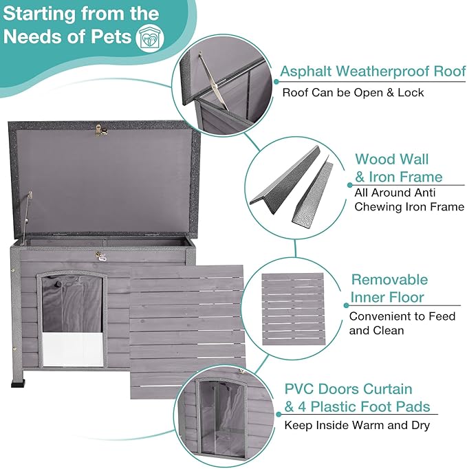Indoor Outdoor Dog House,Anti-Chewing Iron Frame Dog Kennel,Wood Warm Pets Home,Weatherproof Outside Shelter for Feral Animal 33.5" (L) X 22" (W) X 25.2" (H) Grey-Mewly Pet