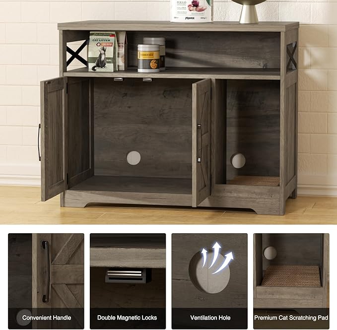 Cat Litter Box Enclosure, Hidden Litter Box Furniture with Scratch Pad, Farmhouse Indoor Cat House Washroom End Table, Grey-Mewly Pet