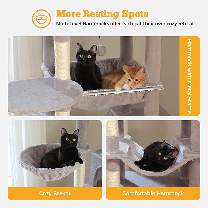 81" Heavy Duty Cat Tree for Large Cats up to 20lbs - Extra Tall Cat Tower with Metal Frame Hammock, 6 Sisal Scratching Posts, 2 Perches - Indoor Cat Furniture for Maine Coon, Big Cats, Gray-Mewly Pet