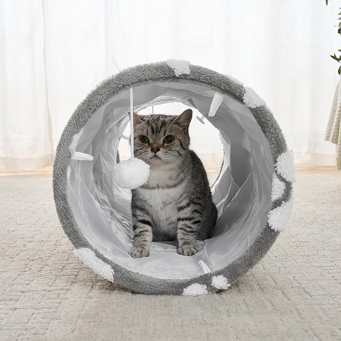 Straight Cat Tunnel for Indoor Cats 47"x12", Cute Cat Toys Collapsible Tunnel Tube with Balls for Puppy Kitten Rabbit, Grey Paw-Mewly Pet