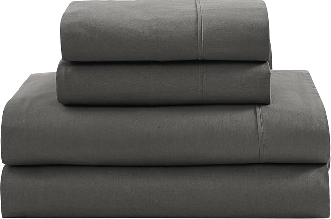 LANE LINEN 100% Organic Cotton Full Size Sheets, Hotel Like Crisp Percale Low Pill Fade Resistant Reinforsed Seam Cotton Sheets, Naturally Cooling 15" Deep Pocket Full Bedding Set- Charcoal