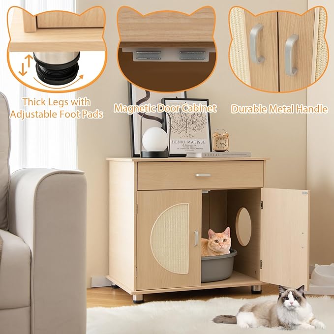 Tangkula Litter Box Enclosure, Hidden Cat Washroom with Drawer, Sisal Scratching Doors, Adjustable Metal Feet, Modern Cat Litter Cabinet Storage Bench, Double Enclosed Litter Box Furniture-Mewly Pet
